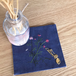 送料無料/リバーシブル敷物/コスモス、紫式部柄の手刺繍藍色T005