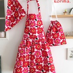 120〜140北欧風ポピー柄のキッズエプロン３点セット