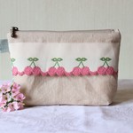 春色フランス製さくらんぼ＆リネン＊ポーチ*ヴィンテージ