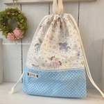 大きい巾着　お着替え入れ　ユニコーン×水色ドット