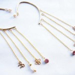 gold×ピンク系/ラインストーンとパールとローズクウォーツの_イヤーフック（両耳）