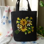 フランス刺繍　バケツ型トートバック　花　黄色