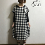 レースブローチ付き❤︎cotton linen ゆったりフレンチスリーブワンピース▪️▪️ブロックチェック