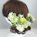 プリザーブド❁﻿ヘッドドレス グリーン❁﻿髪飾り＊アジサイ＊カスミソウ＊バラ❁ウェディング