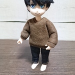 Vネックブラウンセーター+ステッチデニムセット