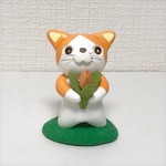 ぶち猫・チューリップ 粘土細工の置物［インテリア］ 
