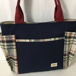 【送料無料】脇ポケット付トートバッグ☆大☆前ポケット付き☆チェック&紺帆布