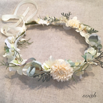 大人用 natural white & green & blue 花かんむり（wide）ラッピング無料