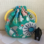 再販2☆まん丸ミニ巾着（北欧、花と鳥）エメラルドグリーン