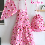 【yumiu224様オーダー品】100〜120イチゴとうさぎちゃん柄のエプロン３点セット