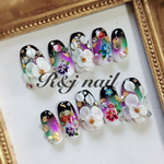 和風＊紫緑黒グラデ＊3Dお花＊ネイル