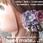 ❤秋冬♪薄紫小花&レース♪バイカラー手編み花つきシュシュ❤