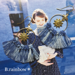 【送料無料】藍染インディゴ✼フリンジピアス 太陽チャーム