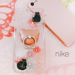 *黒猫とお花* スマホケース 選べる スマホリング 花ねこ GALAXY/Xperia iPhoneケース iPhone8/plus iPhoneX/se iPhone7/6