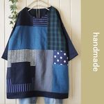 148☆彡ネイビーリネン＆色々リネンパッチドロップ袖チュニックプルオーバー