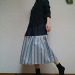 バイカラーふんわりスカートナチュラル素材左右非対称タックウエストゴム