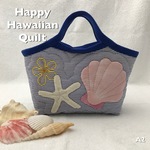 再3販☻Blueミニグラニーバッグ☆ヒトデシェル☆ハワイアンキルト☆a2y
