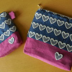 ハート刺繍デニムとリネンの親子ポーチ