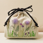 紫の花 巾着 ショルダーバッグ＜スモーキーペールグリーン>