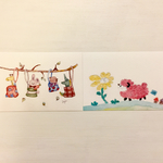 「うさぎさんたちの日なたぼっことピンクの羊」 水彩画イラストポストカード 2枚セット　ちぎり絵