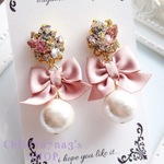 ビッグ パール × リボン × ビジュー パール ピアス イヤリング  / ピンク B