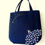 猫の刺繍手提げ＊銀色猫と流れ星＊パープル