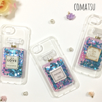 ◯選べるラベル◯ブルー×ピンク キラキラ流れる香水ボトル スマホケース Galaxy/AQUOS/Xperia/iPhone 全機種対応