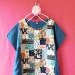 北欧　パッチワーク模様　半袖ワンピース　ブルーグリーン 