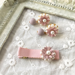 親子でお揃い(^-^)ガーリーフラワーピアス/ヘアクリップセット［ピンク］