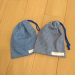 巾着２個セット　22×18センチ　デニム風無地とストライプ(裏地なし)　給食袋など　再販🍀