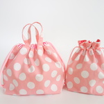 持ち手付き☆パステルドットのお弁当袋とミニ巾着セット（ピンク１）