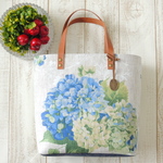 再販☆フランスリネン『紫陽花』ブルー ちょこっと Lサイズのトート バッグ