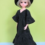フレアスリーブマキシ丈ワンピース　ドットブラック＊リカちゃん