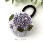 （受注製作）雨露と紫陽花の刺繍ヘアゴム 