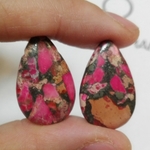 ピンク　シーセディメントジャスパー＆パイライト　ティアドロップ　ペンダントビーズ　2pcs　 25x15x5mm