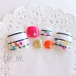 RUNA♪フットネイル27♡ピンクオレンジボーダーカラフルシェルネイルチッ