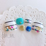 RUNA♪フットネイル♡ターコイズブルーボーダーカラフルシェルネイルチッ