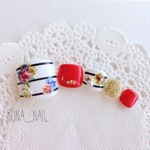 再販♡RUNA♪フットネイル29♡トロピカルフラワーレッドボーダーネイルチッ