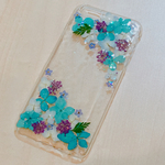 【全機種対応】晴れやかブルー 紫陽花フレーム 押し花スマホカバー 全機種対応