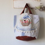 1点アンティーク リネン＊手刺繍＆レース＊パッチワーク＊コラージュ＊バッグ＊花籠