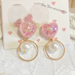 オーロラ♡ハート×パール ドライフラワー ピアス