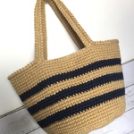 【受注製作】ボーダー柄の麻ひもかごバック（Ｌ）ベージュ×ネイビー