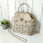 がま口バッグ　ボタニカル刺繍風プリント(生成)　ハンドバッグ　ポシェット　ショルダーバッグ