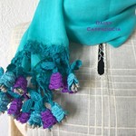 立体レース　刺繍のオーガニックコットンストール　ターコイズ