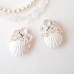 mermaidスワロフスキーとシェル パール レース ブルー ピンク イヤリング ピアス ノンホールピアス ウェディング お呼ばれ