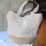北欧レース＊ベルギーリネン麻ヒモ かごバッグ* 本革＊鳥＊蝶2