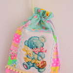 hana*ハンドメイド★レトロアニマル巾着♪Pinksパッチワーク★ブルーくまちゃん♪