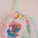 hana*ハンドメイド★レトロアニマルまんまる巾着♪パステルパッチワーク★青い鳥さん♪