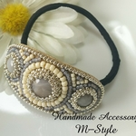 【再販】ビーズ刺繍 オーバルヘアゴム グレー