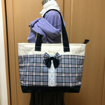 頒布、トートバッグ、チャック付き、グレーチェック柄、